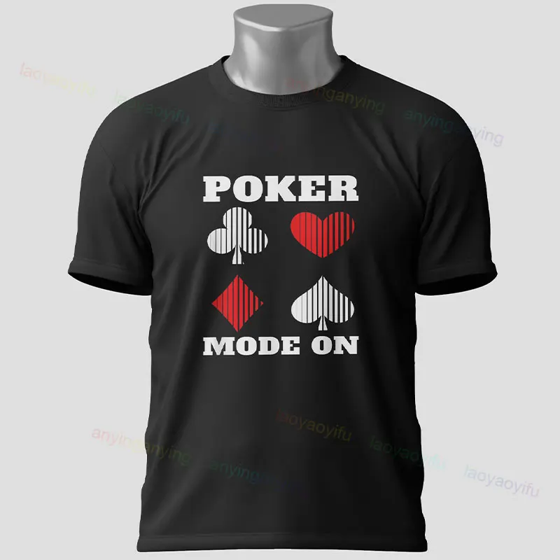 เสื้อยืดผ้าฝ้ายสีดําผู้ชายพร้อม Wild Card Poker Graphic Crew Neck Short Sleeve Tee Outdoor Clothing Perfect for All Seasons