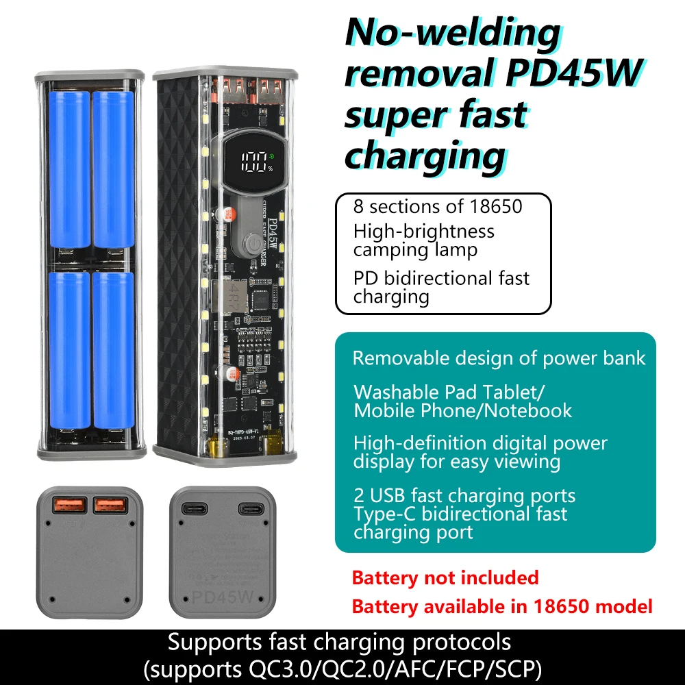 Solderless 8-cell 18650 battery case PD 45W Super Fast Charging Transparent Power Bank Shell With Outdoor Light