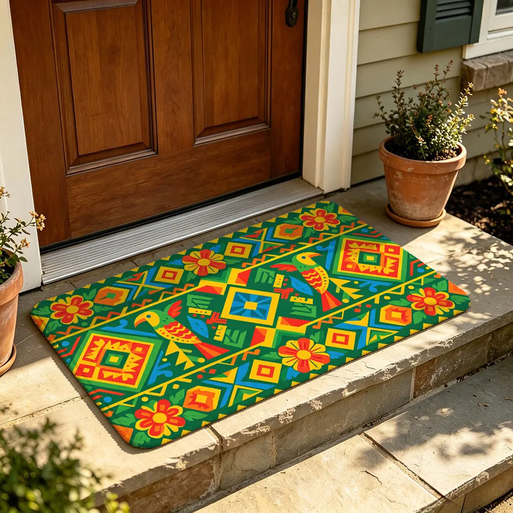 Ethnic Geometric Parrot Pattern Felt Door Mat Boho Style Entry Mat Non-slip Washable Front Door Rug for Home