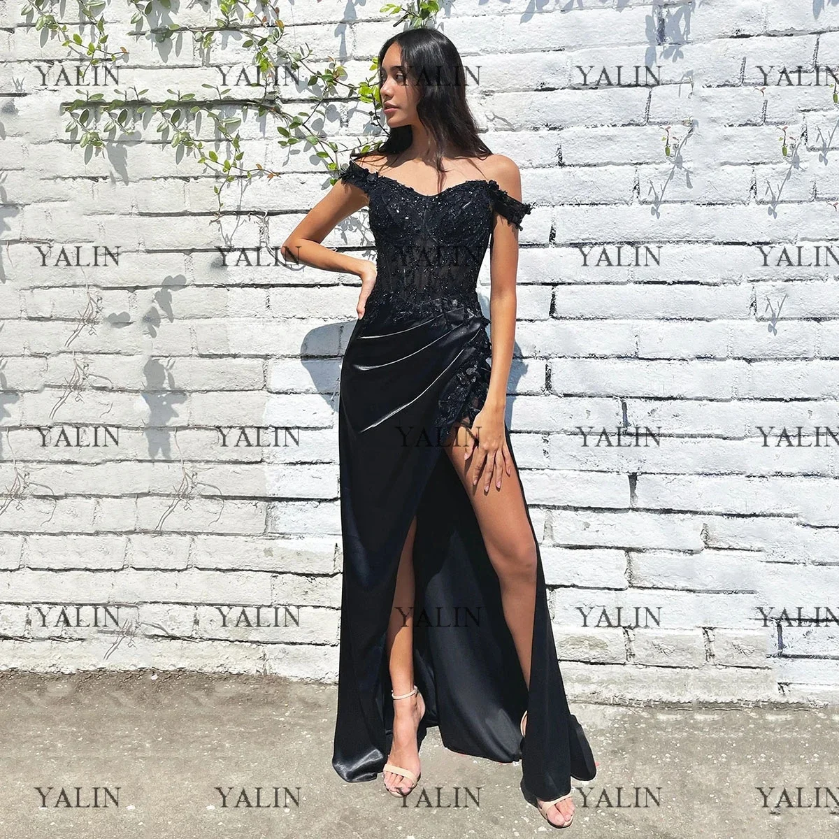 YALIN-Celebrity Vestidos com cetim Beading, Charming 3D Flores, Mermaid Wedding Party, Off the Shoulder Vestidos de baile, Prata