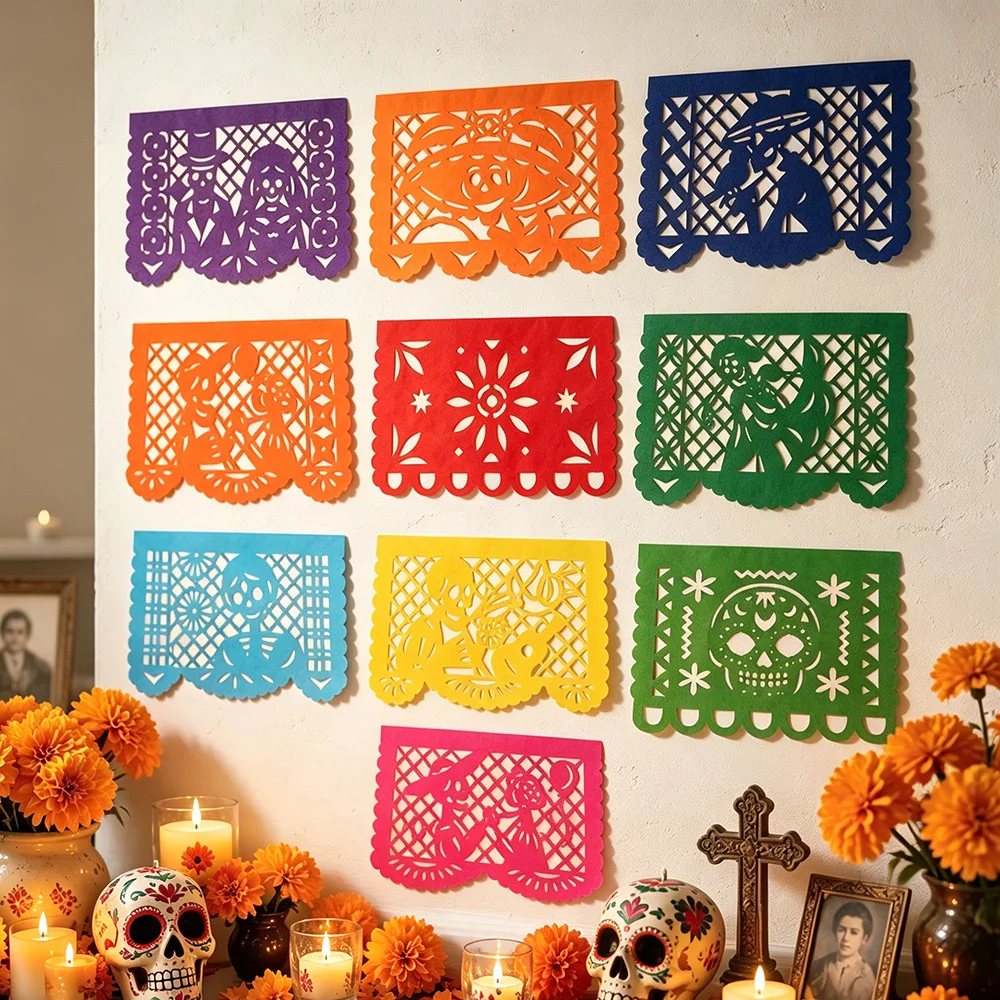 Mexikanisches Tag der Toten Papel Picado Banner 50 Stück Hohle Totenkopf-Blumen-Ausschnitt-Fahnen-Girlande Dia De Muertos Fiesta Party Hängedekoration – Detail 5