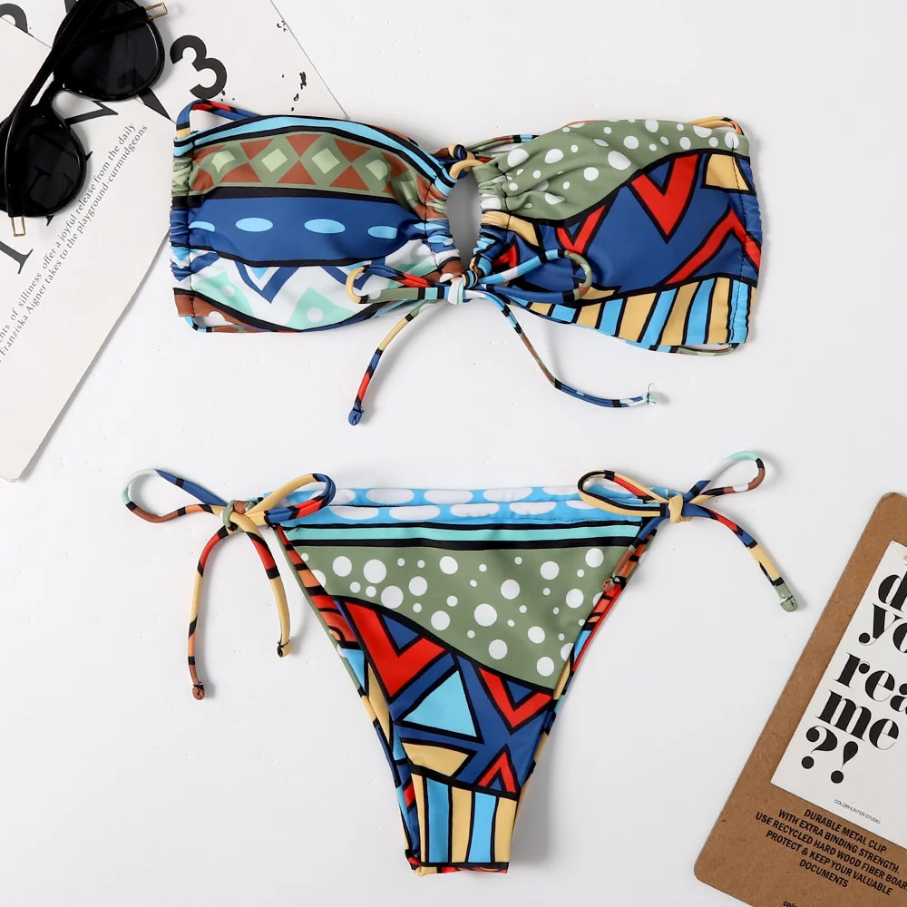 

Boho Print String Bikini Bandeau Swimsuit Backless Lace Up Vacation Swimwear Women Beach Outfit Bathing Suit Bikinis Set Biquini
