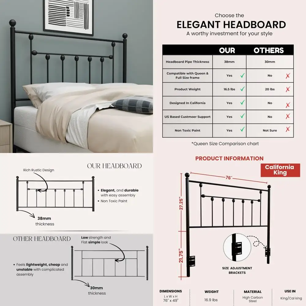 

Rustic Victorian Metal Headboard, Adjustable Height Iron Bed Frame, Farmhouse Style, Elegant Design, Easy Assembly, Universal Fi
