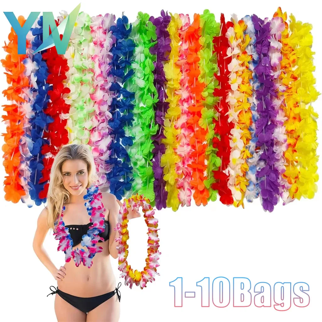 1-10Bags Hawaiian Upgraded Large Flower Lei Necklace Colorful Floral Garland for Hula Dance Festival Tropical Costume Accessory