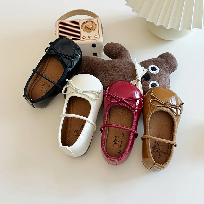 

2024 Casual Princess Shoes Kids PU Leather Girls Fashion Bowknot Decor Mary Jane Shoes Non-slip Rubber Sole Children's Flats