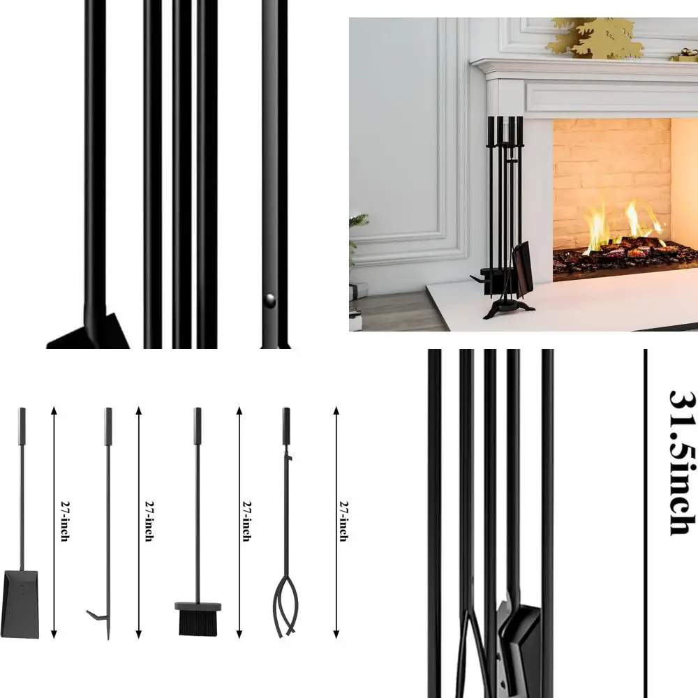 

Black Wrought Iron Fireplace Tool Set with Poker, Tongs, Shovel, Brush, and Stand