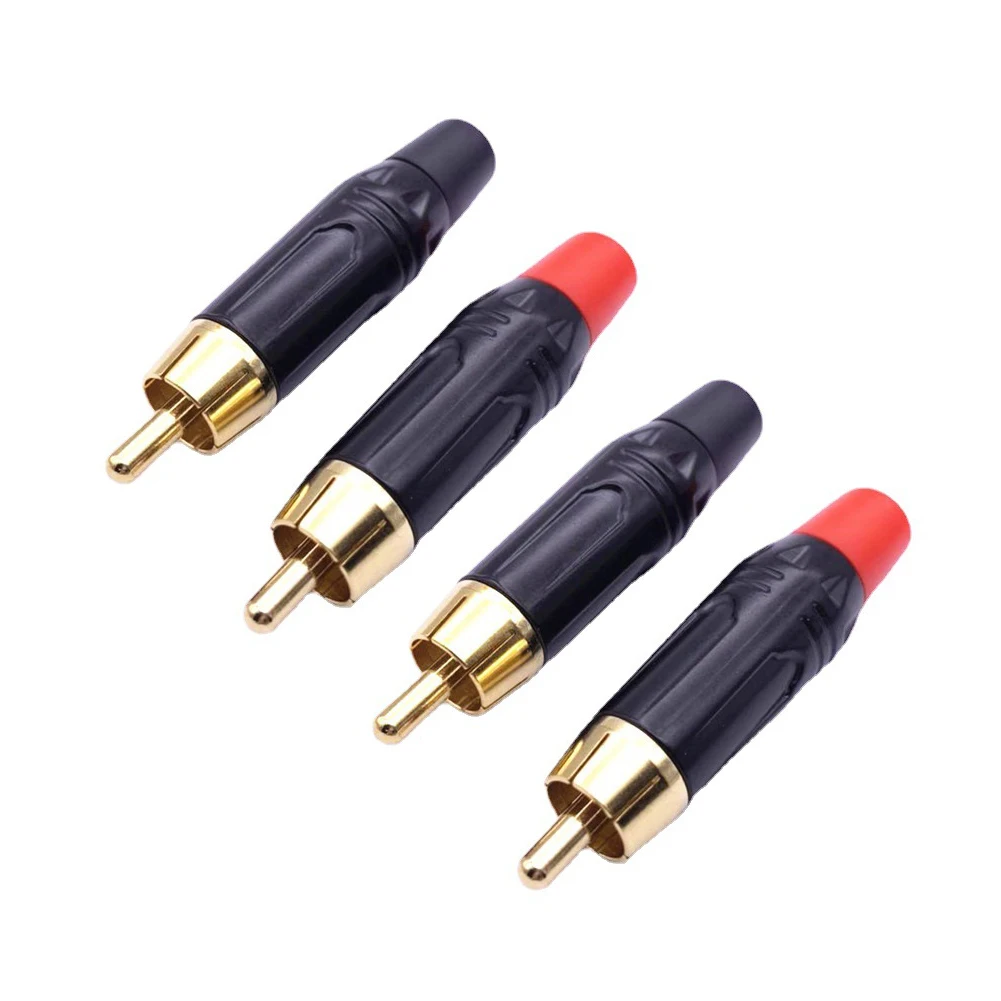 

4PCS RCA Male Connector Copper Gold Plating Audio Adapter Plug Connector for 7MM Cable Black and Red Pigtail Speaker Plug