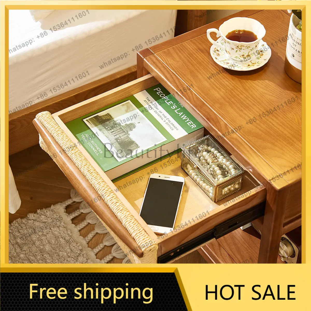 LD Modern Simple Bedroom Storage Locker Rattan Home Mini Solid Wood Bedside Table