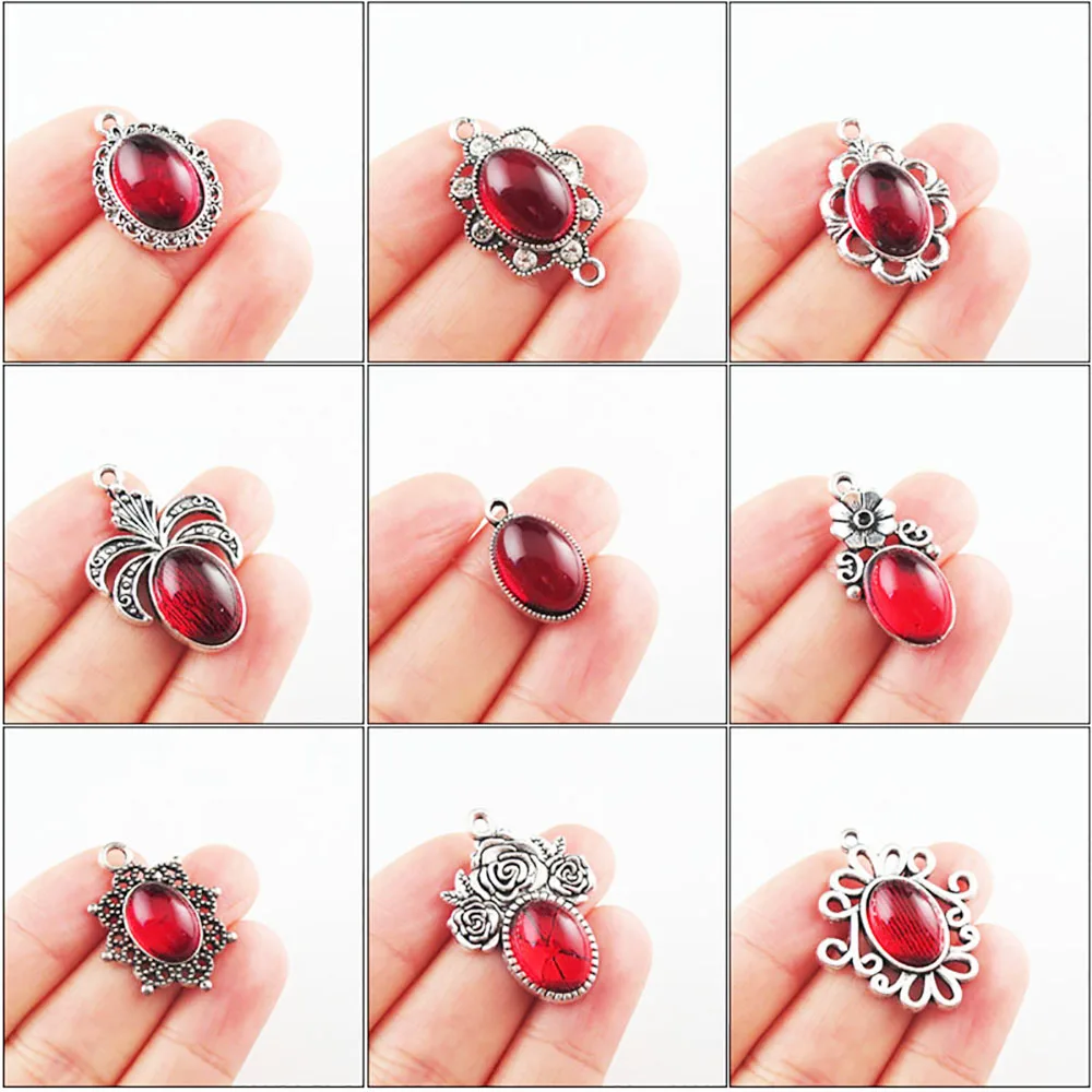 Fashion New Clover Flower Rose Oval Charms 10x14mm Red Glaze Tibetan Silver Plated Pendants Retro