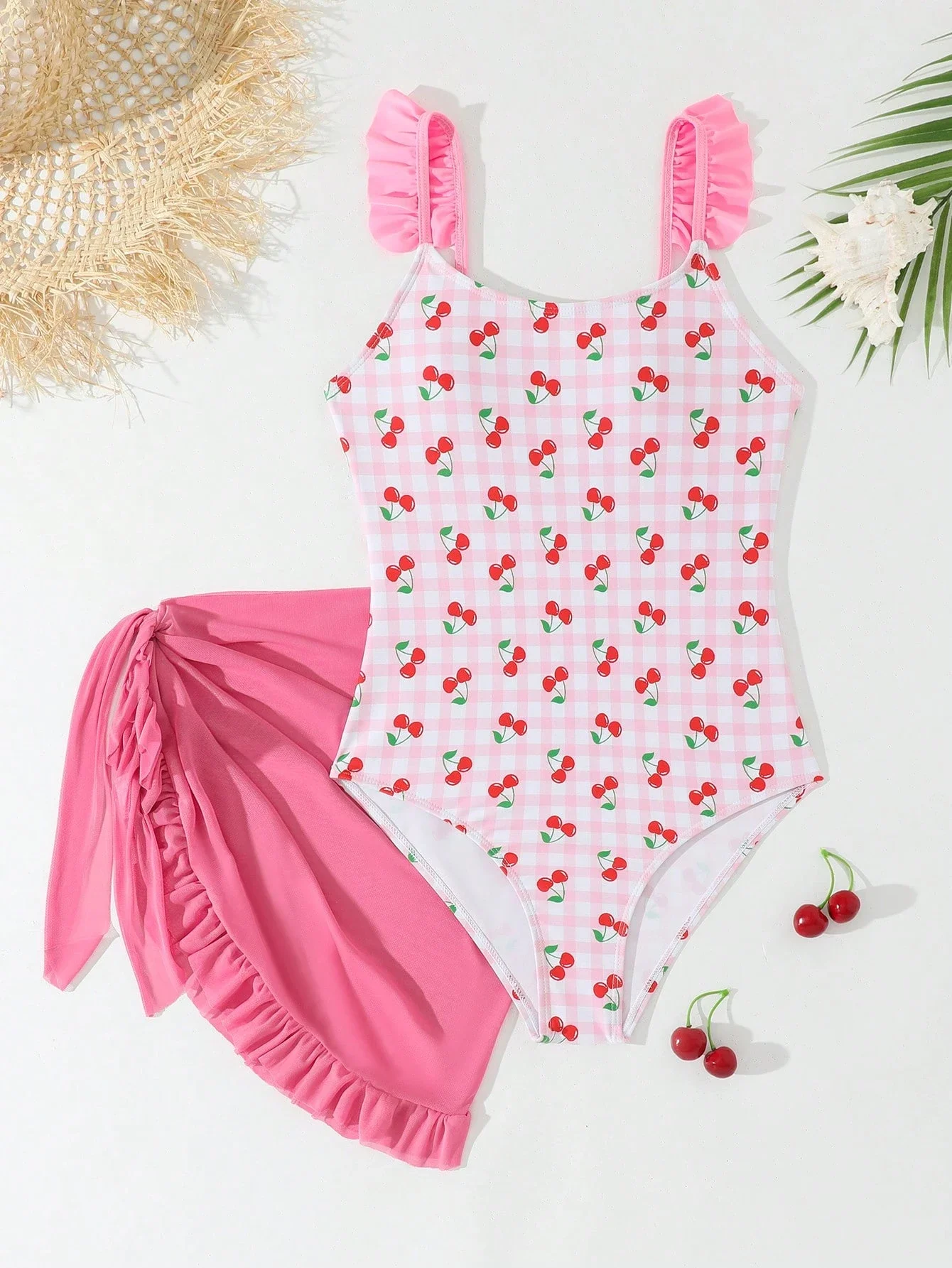

Pink Gingham Cherry One-Piece Swimsuit With Ruffled Straps And Matching Skirt Cover-Up For Teen Girls Summer Beachwear
