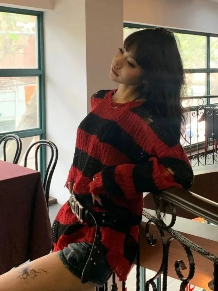 

HOUZHOU Vintage Striped Hollow Out Women Sweaters Y2k Harajuku Hole Broken Knitted Pullovers Loose Punk Gyaru Streetwear Autumn
