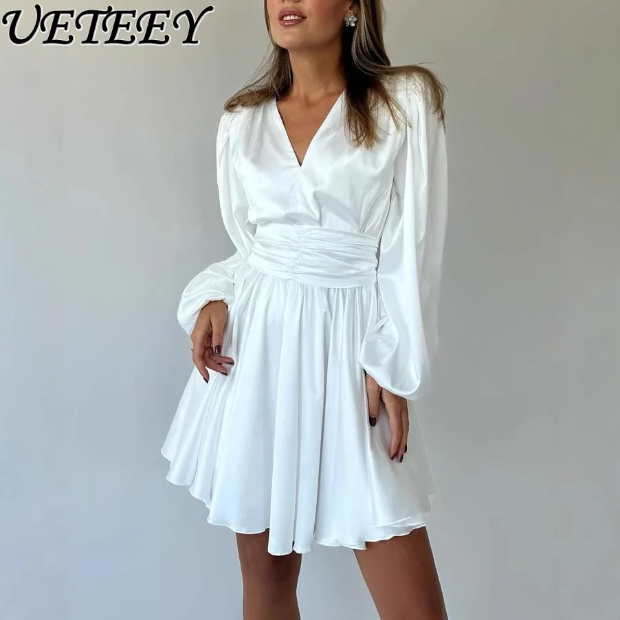 เดรสผ้าซาตินทรงเอไลน์ แขนยาวพอง สไตล์ฝรั่งเศส ระดับไฮเอนด์ สีพื้น คอวี ช่วงเอวเข้ารูป เหมาะสำหรับงานวันเกิด