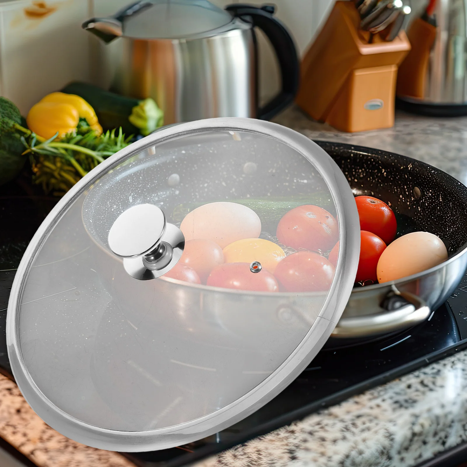 

34Cm Stainless Steel Frame Tempered Glass Lid Universal for Woks Pots and Pans Cooking Dome Cover Heat-Resistant Splatter Proof