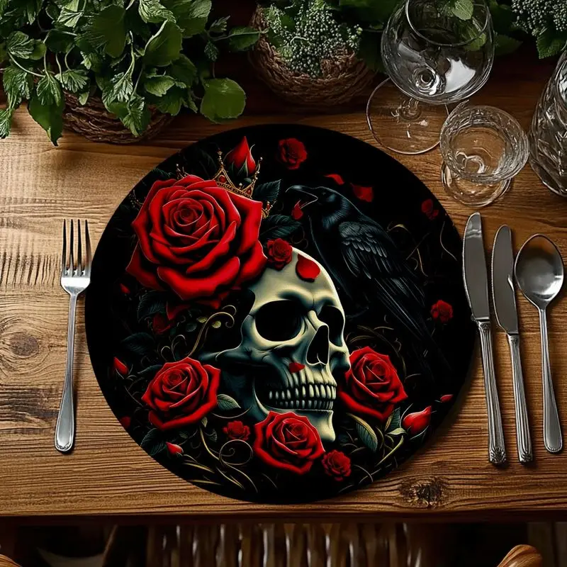 VIKAMA Dark Gothic Skull Placemat - Red Rose & Crow Heat Resistant Fabric Table Mat, Halloween Table Decoration