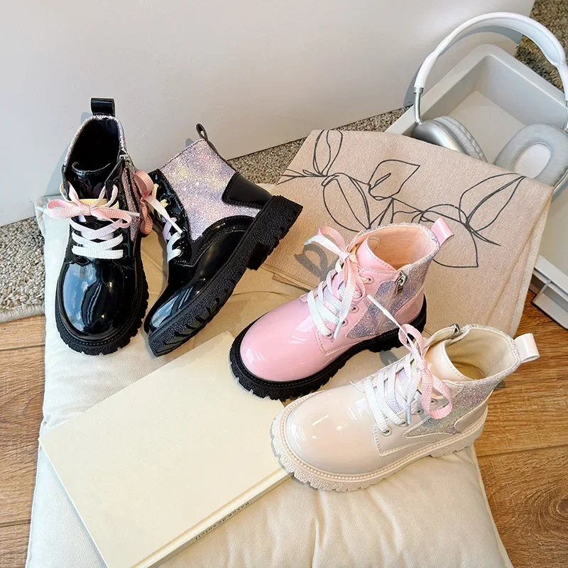 

Girls Short Boots with Shiny Sequins Sweet Kids Princess Boots Non-slip 2024 New Fashion Children Leather Boots Glossy Elegant