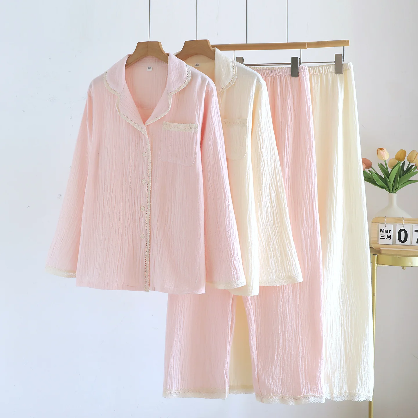 Solid Color Summer Cotton Sleepwear Pajamas Clothes for Women's Long Sleeved Shirt Trousers 2 Pcs Women Pijama Suit