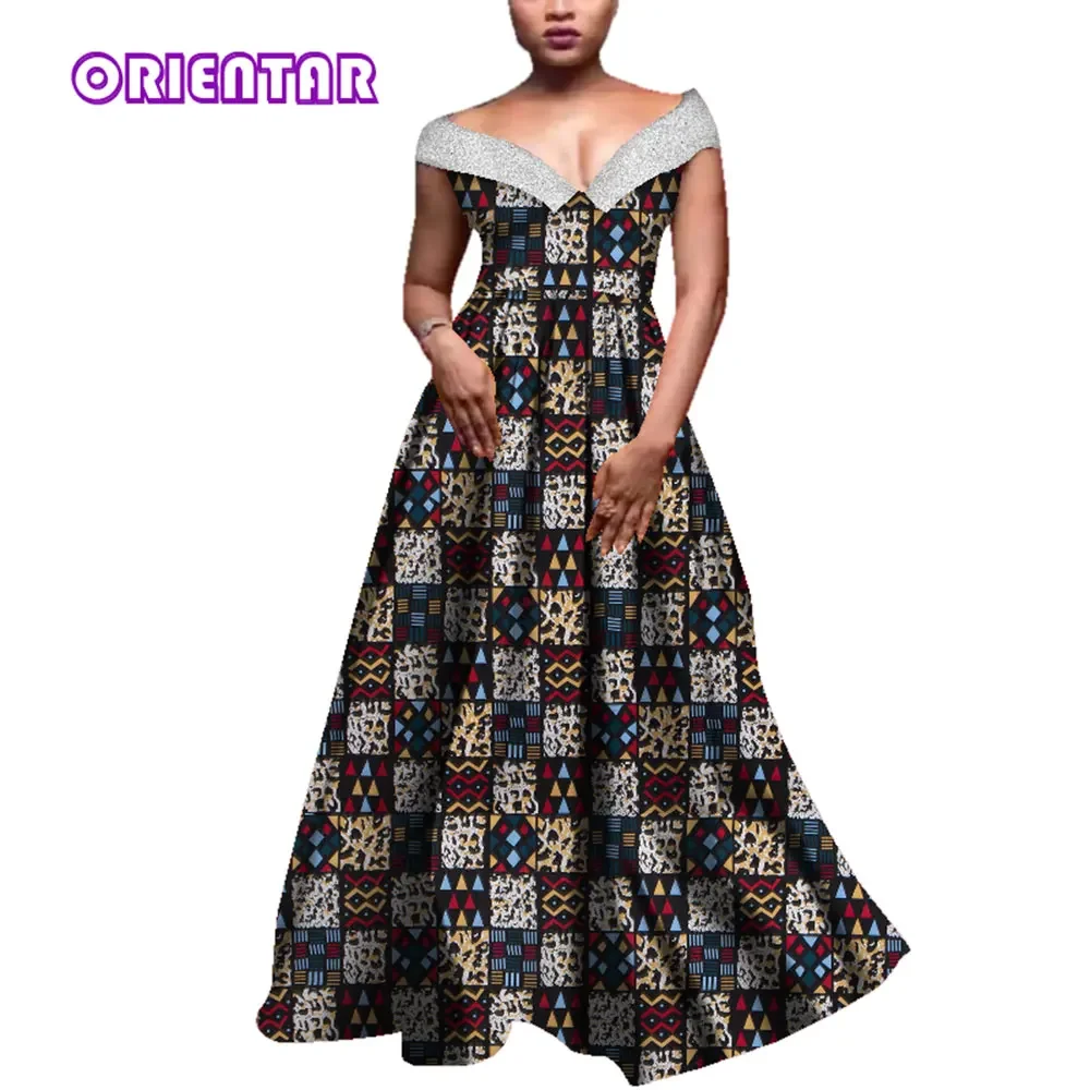 

Elegant African Maxi Dresses for Women Floral Print Sleeveless Off Shoulder Wedding Party Dress Lady African Long Dress WY3983