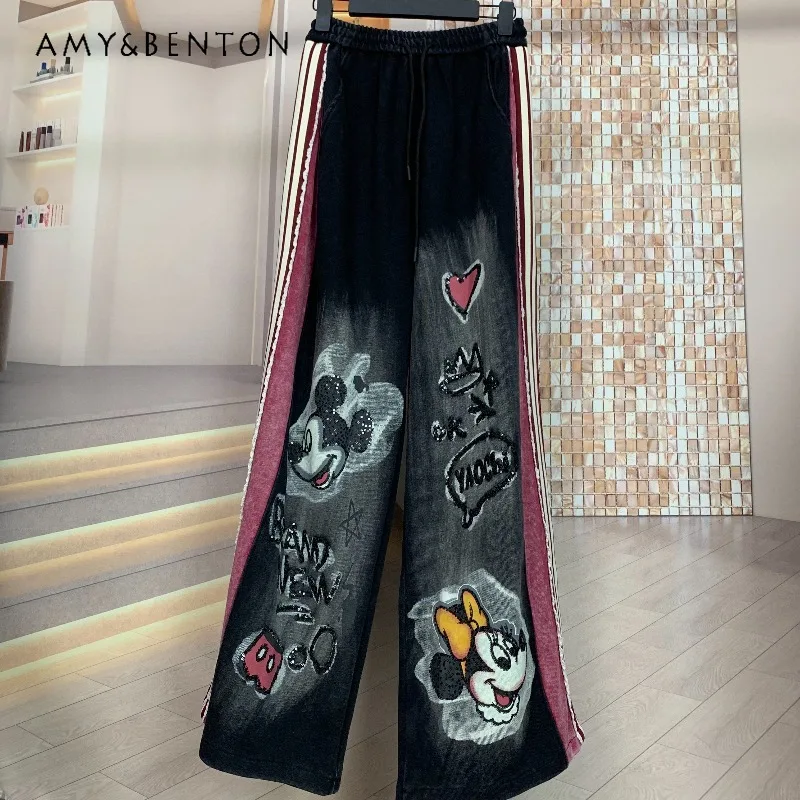 

Spring Summer American Style Jeans Heavy Industry Color Block Red Edge Cartoon Pants Slimming Casual Long Denim Trousers Ladies