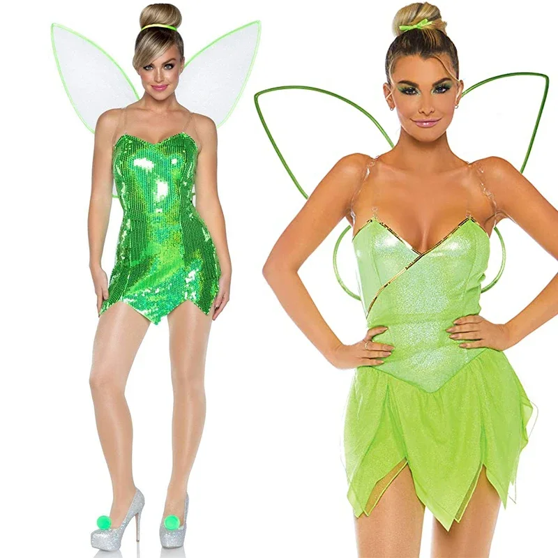 

Women's Pretty Pixie Fairy Costume Female Green Forest Sequin Fairy Dress Set With Wings Cosplay Halloween Fancy Dress