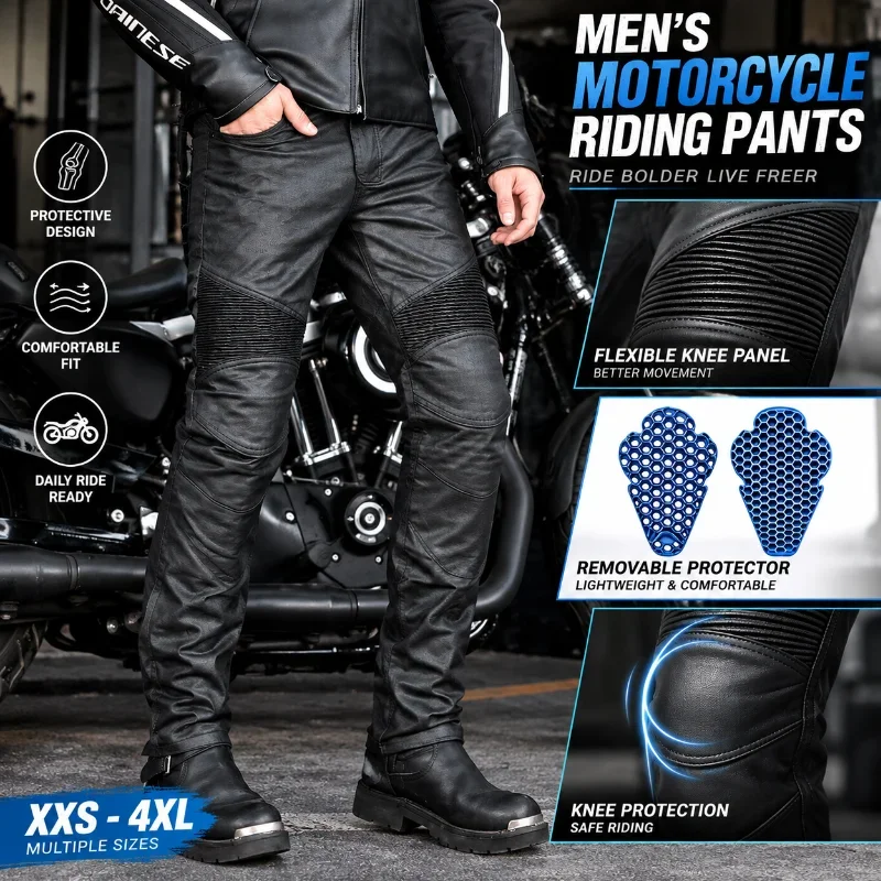 Men Motorcycle Jeans Coated Denim Riding Pants Removable Knee Pads Vintage Biker Protective Trousers