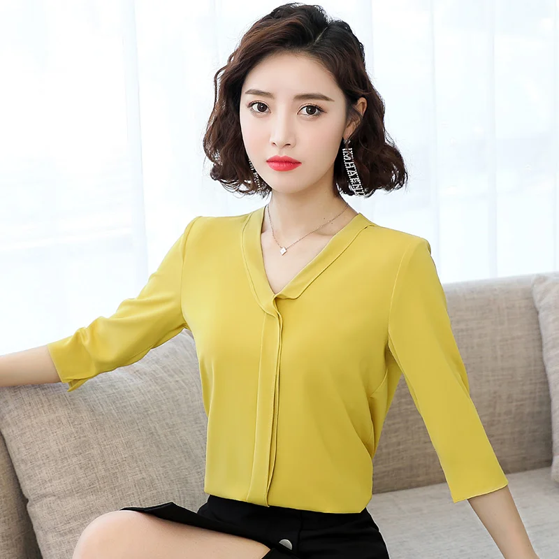 New Women'S Fashion Versatile Thin Chiffon 5-Point Sleeve Shirt Female Casual Korean Edition Summer V-Neck Middle Sleeve Top