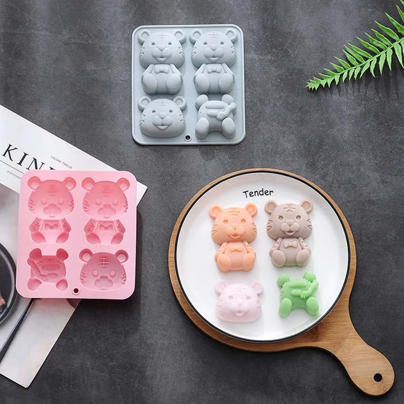 Cartoon 4 Cavity Tiger Silicone Cake Mold Baking Decoration Tool Ice Mold Epoxy Resin Mold