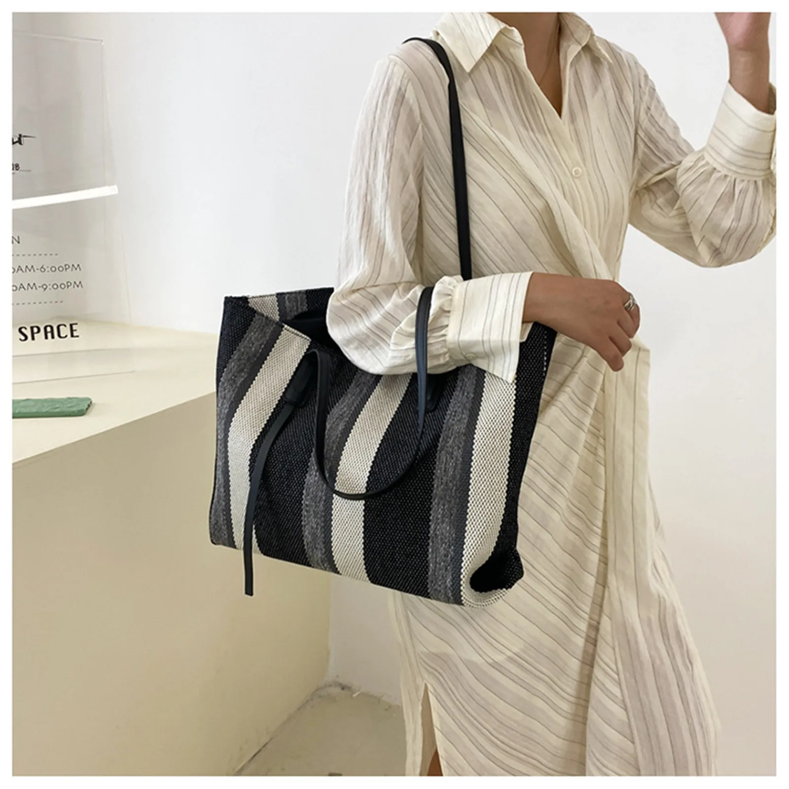 Large Capacity Women\'s Shoulder Bag Simple Vertical Stripe Casual Tote Bag 2024 Summer Fashion Handbag Female Canvas Shopper Bag