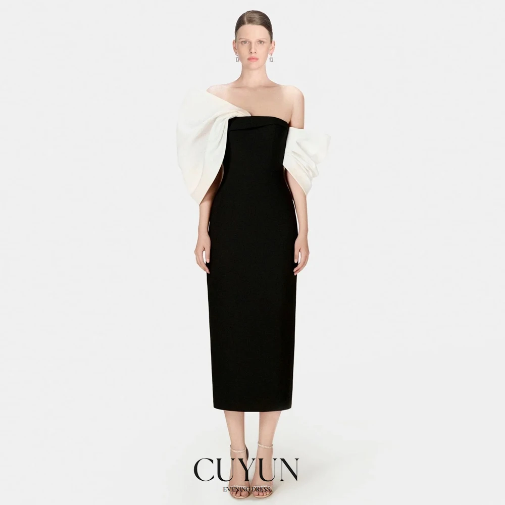 

CUYUN Off the Shoulder Straight Prom Dresses Customized Tea-Length Black and White Women Formal Occasion Evening Dresses