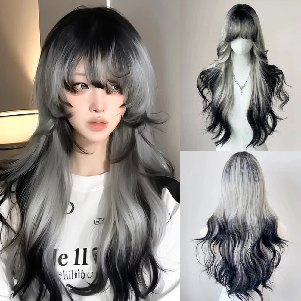

Синтетический длинный волнистый парик омбре для женщин, серо-черный, в стиле Лолита, для косплея, пушистый, термостойкий, с челкой, для повседневной носки и вечеринок