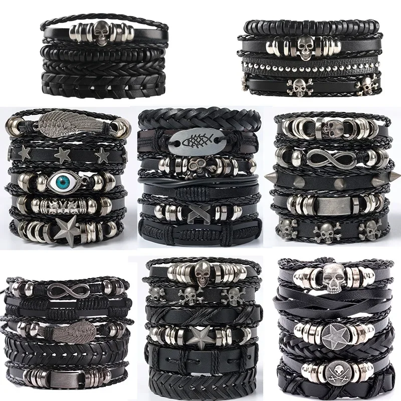 4/5/6pcs Evil Eye Wing Star Skull Diy Braided Punk Style Bracelet Set, Featuring Pu Leather And Beads Bracelet
