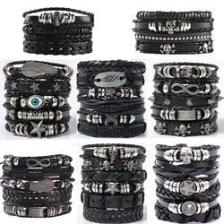 4/5/6pcs Evil Eye Wing Star Skull Diy Braided Punk Style Bracelet Set, Featuring Pu Leather And Beads Bracelet