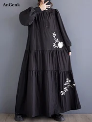 Long Sleeve Black Vintage Floral Patchwork Dresses For Women Autumn New Loose Casual Dress Vestidos Fashion Elegant Clothes 2025
