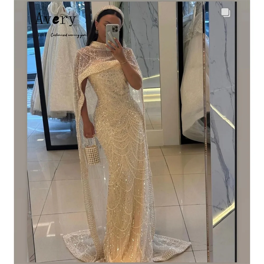 Avery personalizado fishtail frisado tripulação pescoço sem mangas vestidos de luxo para vestido de baile luxo 2025 vestidos femininos para festa de casamento