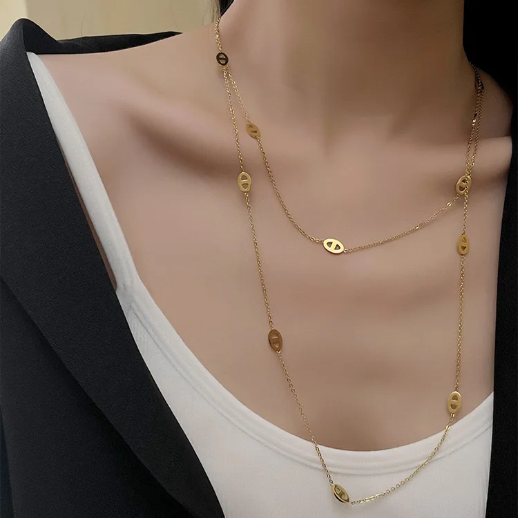 

Luxury Double Layer Long Pendant Necklace for Women, Minimalist Chunky Statement Chain, Tarnish Resistant Jewelry Gift