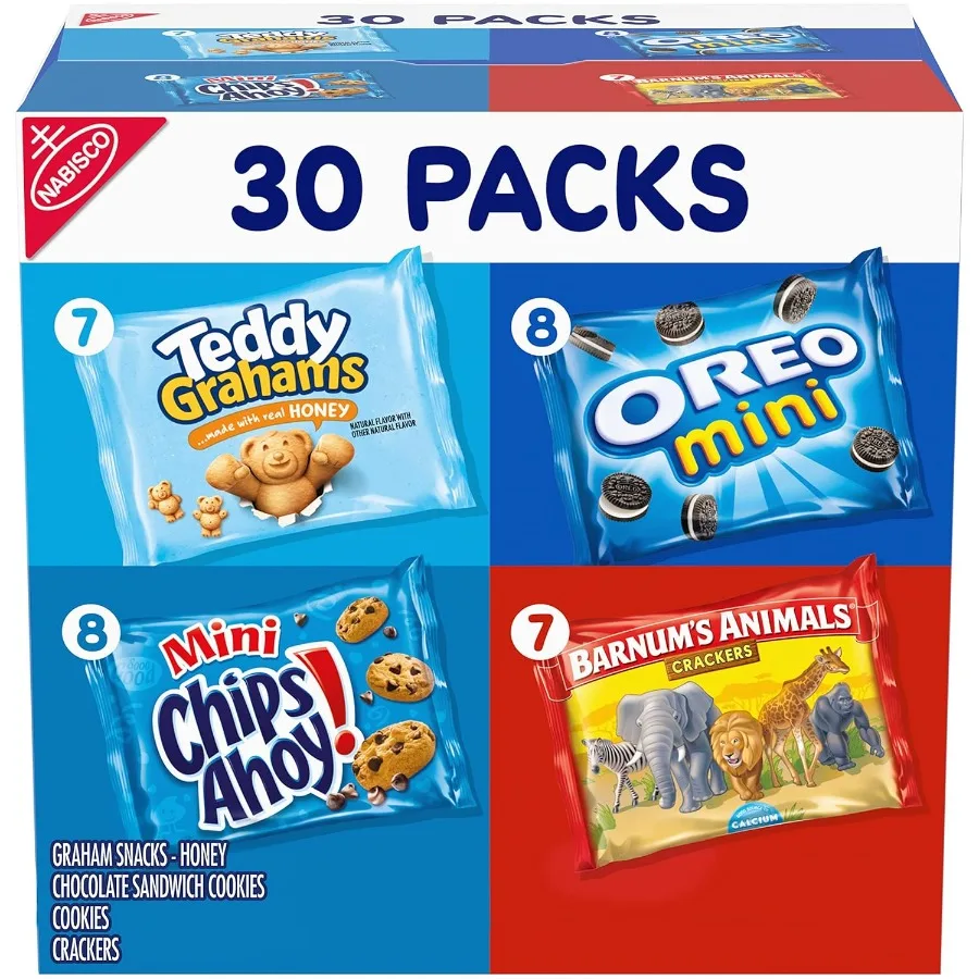 ¡Paquete de variedad de favoritos del equipo de Nabisco OREO Mini CHIPS AHOY! Mini Teddy Grahams Honey and Barnum's Animal Crackers Christmas Stock