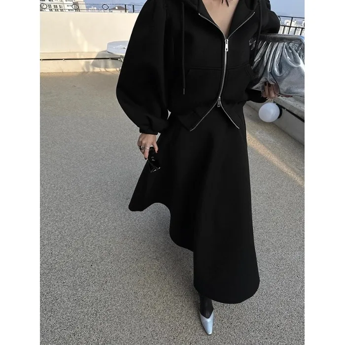 

Korean Chic Versatile Hoodie Jaet Top plus Simple High Waist Skirt Two Piece Set Women's Long Sve Casual Sportswear