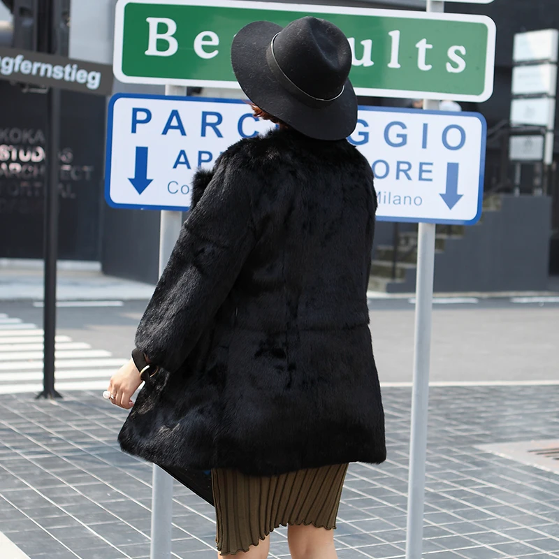 Women Genuine Mink Fur Mid Length Coat Round Collar Three Quarter Sleeve Open Front Solid Black Luxury Warm Winter Fur Outerwear