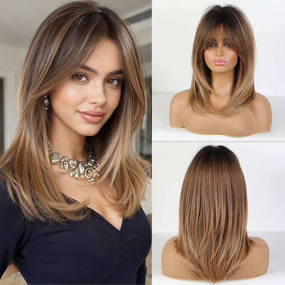 

ALAN EATON Brown Ombre Synthetic Wig Medium Length Layered Wigs with Bangs for Women Daily Party Use Heat Resistant Fiber