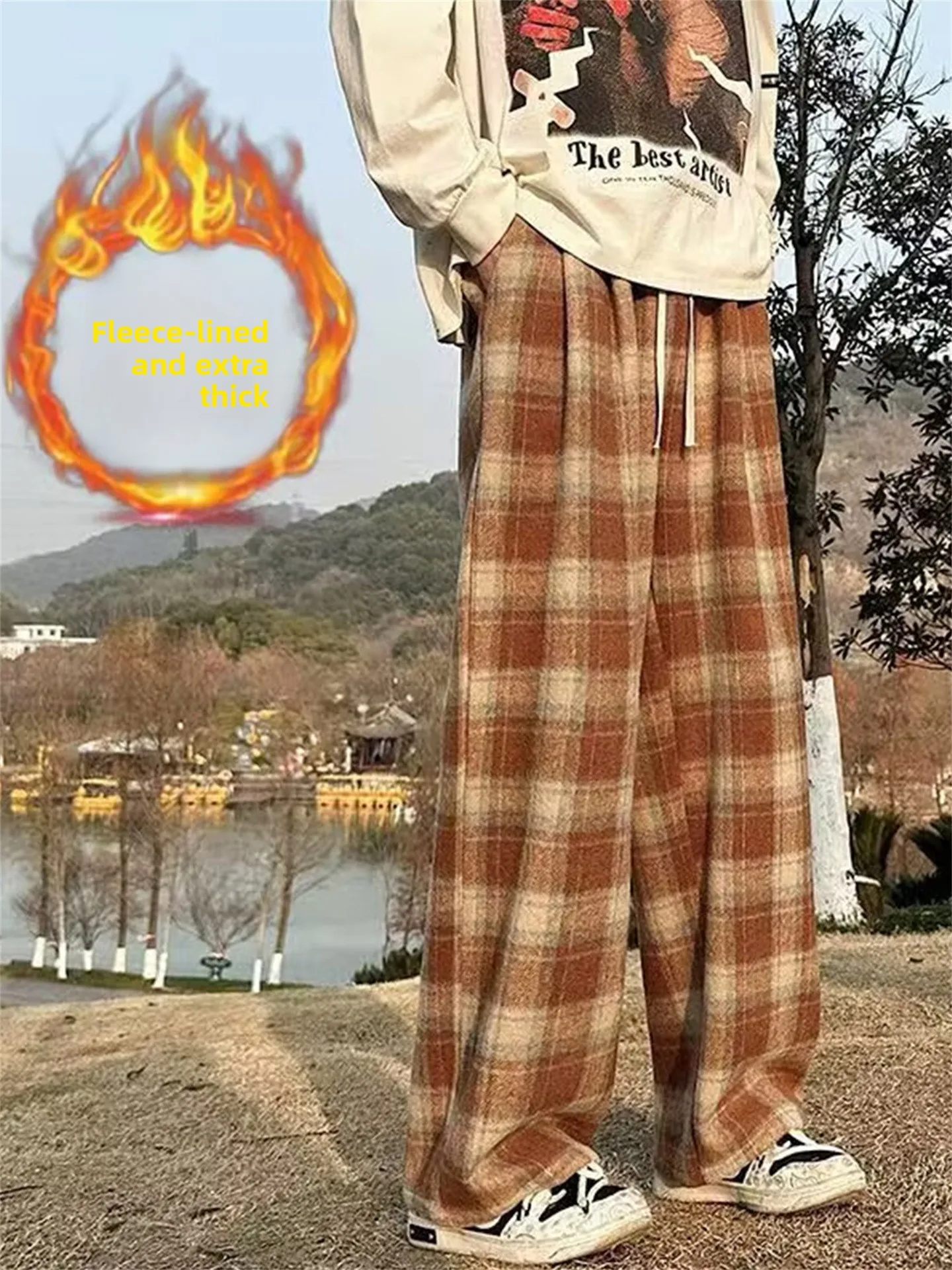 

Caramel Woolen Thiened Plaid Pants Men's Autumn Winter Fce Warm Loose Feeling Long Pants Outerwear Casual Wide Leg Pants