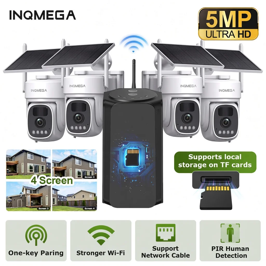 INQMEGA 5MP Wifi(500M)Solar Camera Kit Outdoor Wireless Security Surveillance Camera Siren Alarm Humanoid Detection 2-Way Talk