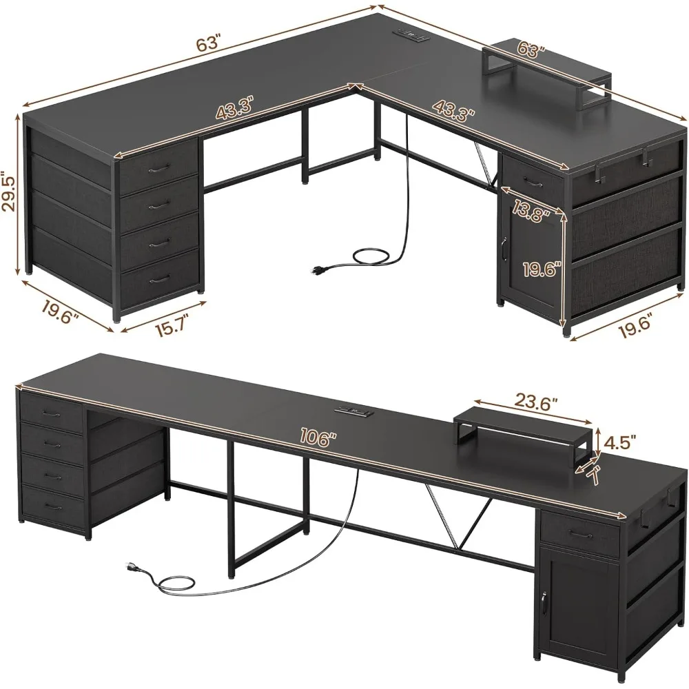 

L-shaped office desk, 63 inch computer desk with 5 drawers and power sockets, long home desk or corner desk, L-shaped corn