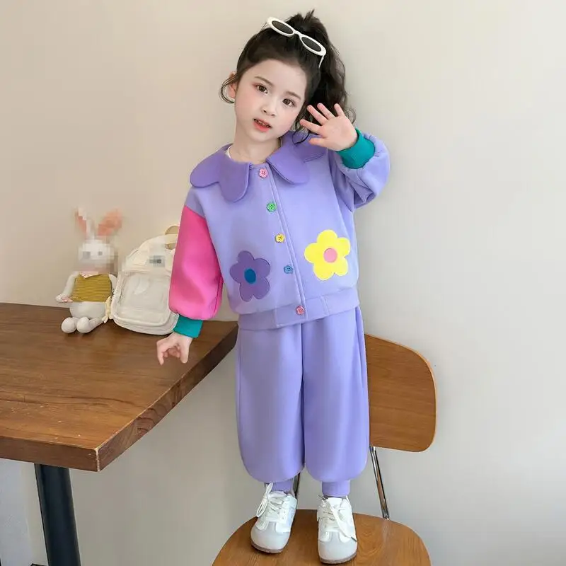 

Костюм для девочек: куртка с воротником-лепестком и длинными рукавами, брюки, весенне-осенний новый повседневный спортивный комплект из двух предметов в детском стиле