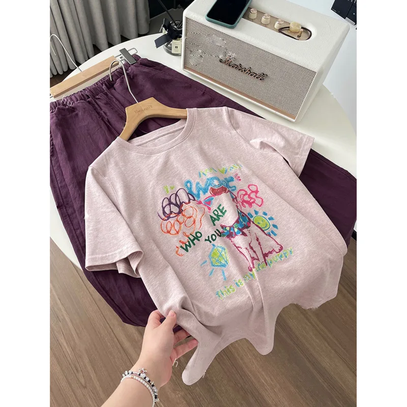 

Colorful Graffiti Printed T-Shirt Women Summer Pure Cotton Loose Round Neck Short Sleeve Tee Top