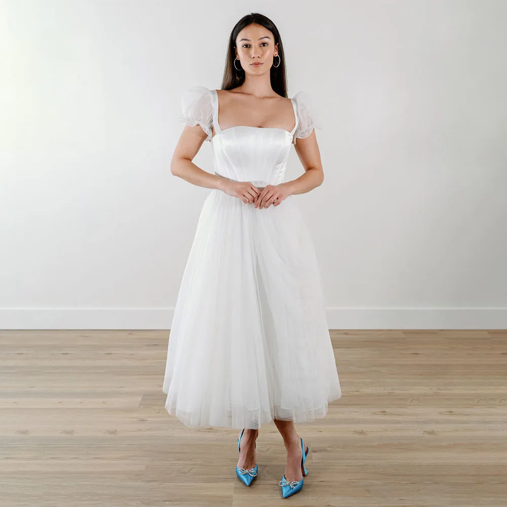 Midi Wedding Dress White Tulle A Line Tea Length Simple  Gowns with Detachable Short Puff Sleeves Elegant Bridal Dresses