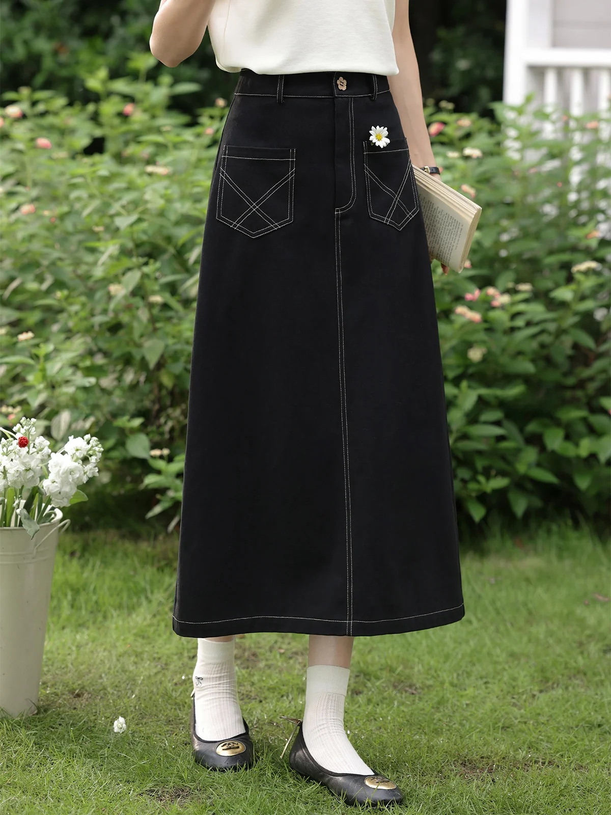 

Faionable Bla High Waist A-Line Midi Skirt Women's Summer New Sle Slimming Skirt French Sle Casual Other 00% Fabric