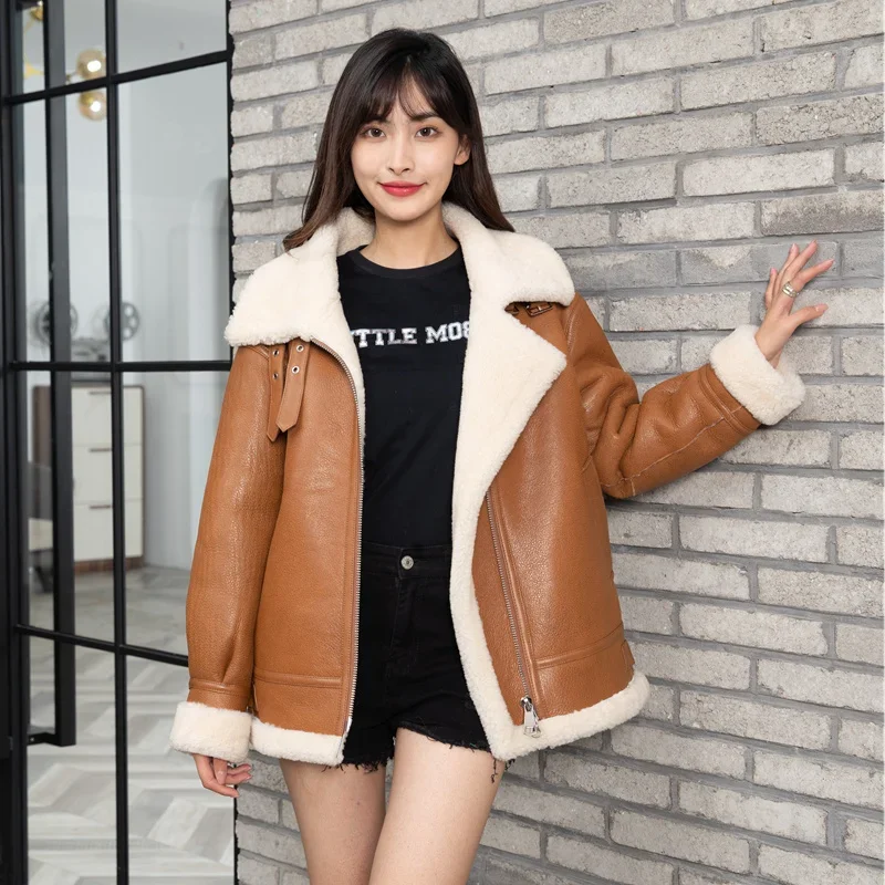 Natural Fur for Women Real Sheep Fur Coat Women’s Winter Clothes B3 Flight Suit Short Lamb Fur Motorcycle Leather Jacket Veste F