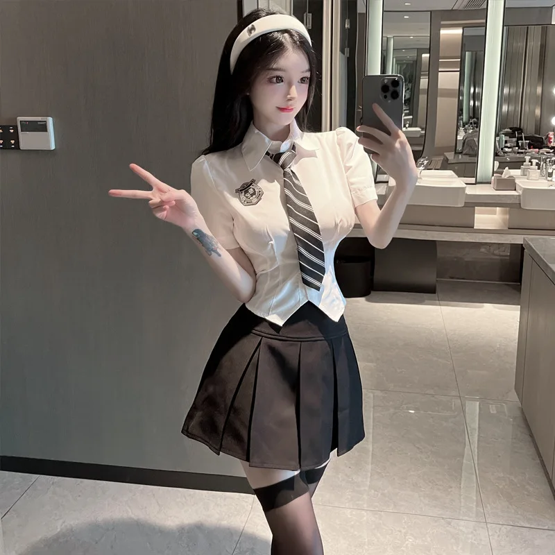 2023 New Fashion Charm Bold Young Elegant Gentle Bubble Sleeve Shirt With Tie Pleated Skirt Jk Student Uniform Skirt Set WERT