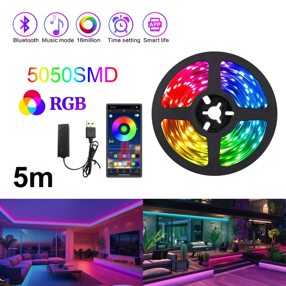 

5050 SMD RGB Led Strip Light with Remote Control 5m USB 5V Led Tape Diode for TV Backlight Decoration Gaming Ambiance Light Bar