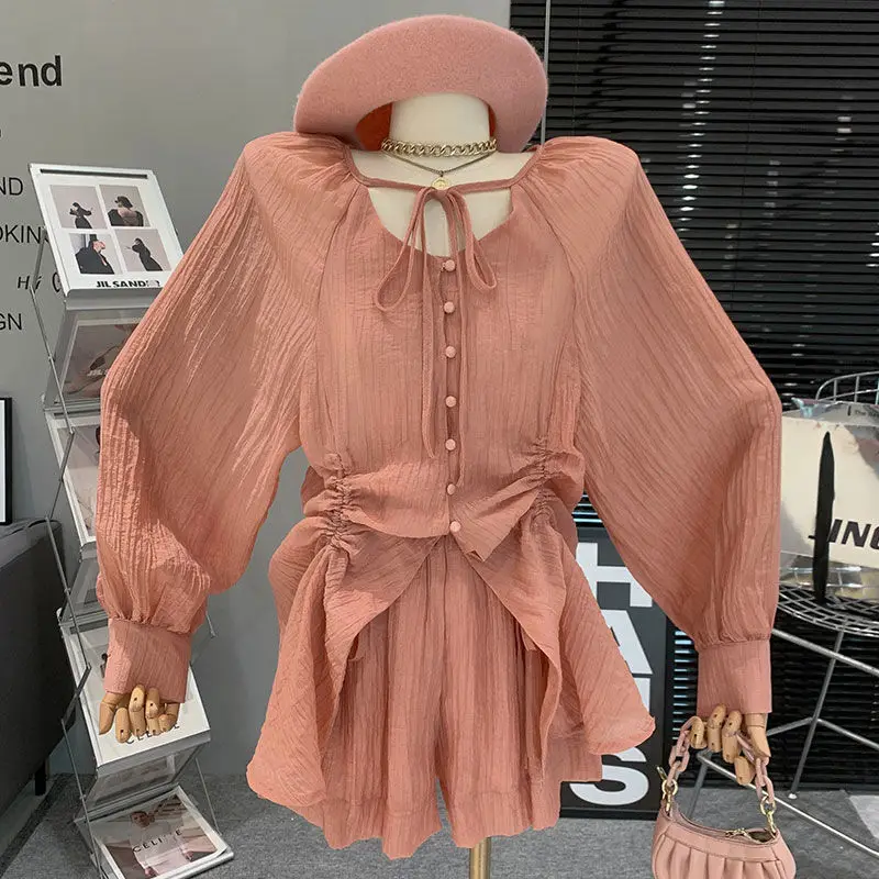 

Elegant loose Korean style gentle wind two-piece pleated sun protection versatile shirt 2025 new style