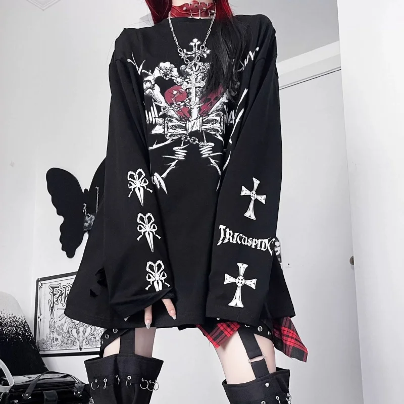 Subculture Japanese Gothic Print Punk Y2k T-shirt Women Loose Grunge T-shirt Aesthetics Tees Harajuku Kawaii Shirts Black Tops